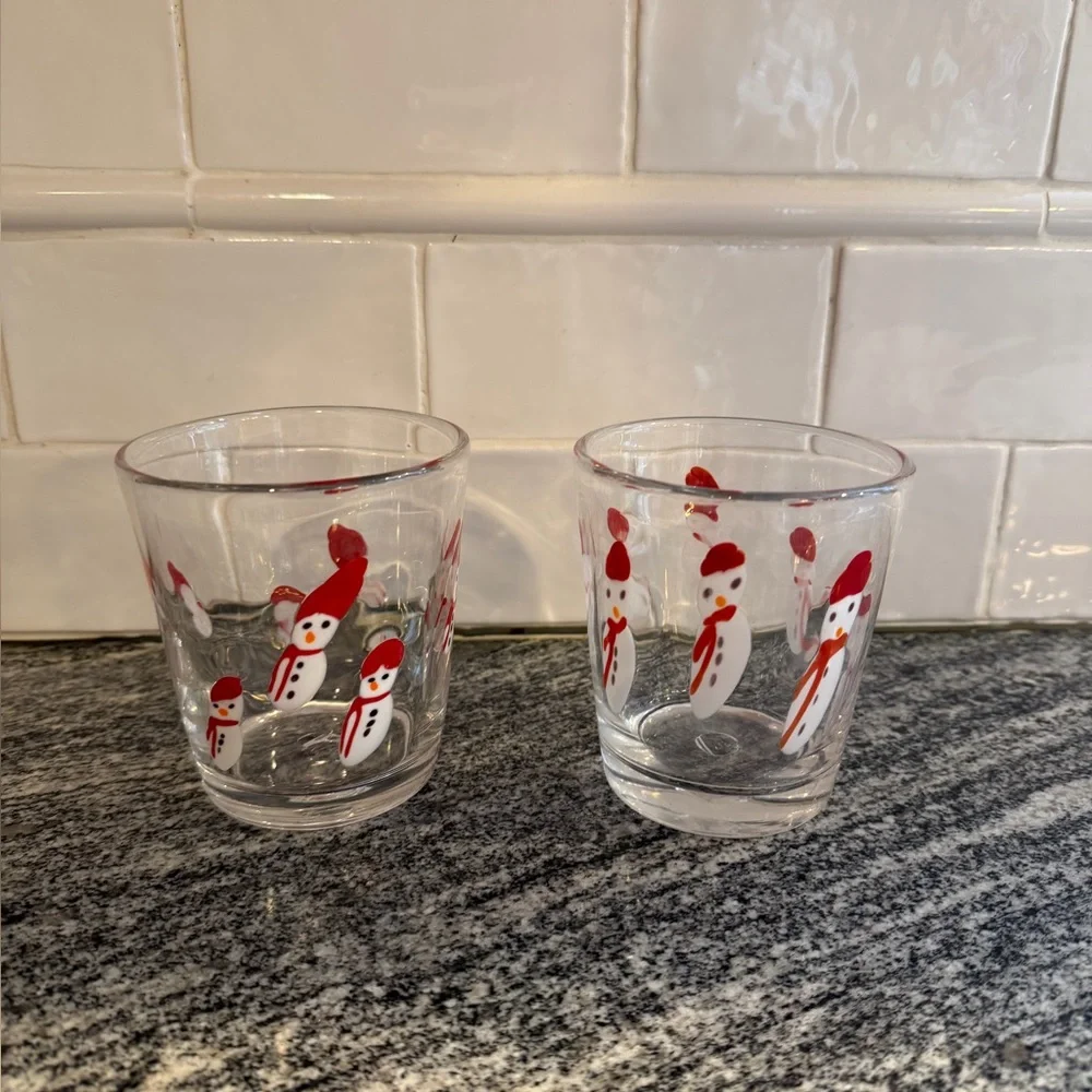 Set of 2 Crate & Barrel Hand-Blown Snowman Rocks Glasses